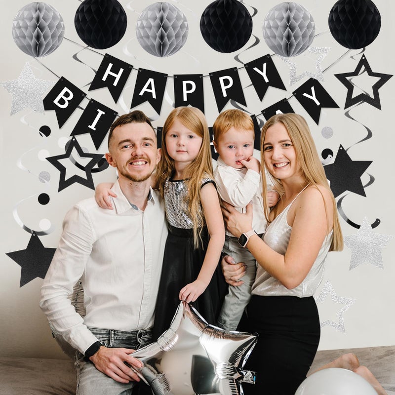 meowtastic Birthday Decorations  Happy Birthday Banner with Honeycomb Balls  Star Hanging Swirl Streamer  Circle Dot Garland  Happy Birthday Party Decoration for Women Men Boys Girls (Black & Silver) - Image 3